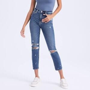 NEW Abercrombie The Mom High Rise Distressed Raw Notched Hem Jeans Sz 37L Long